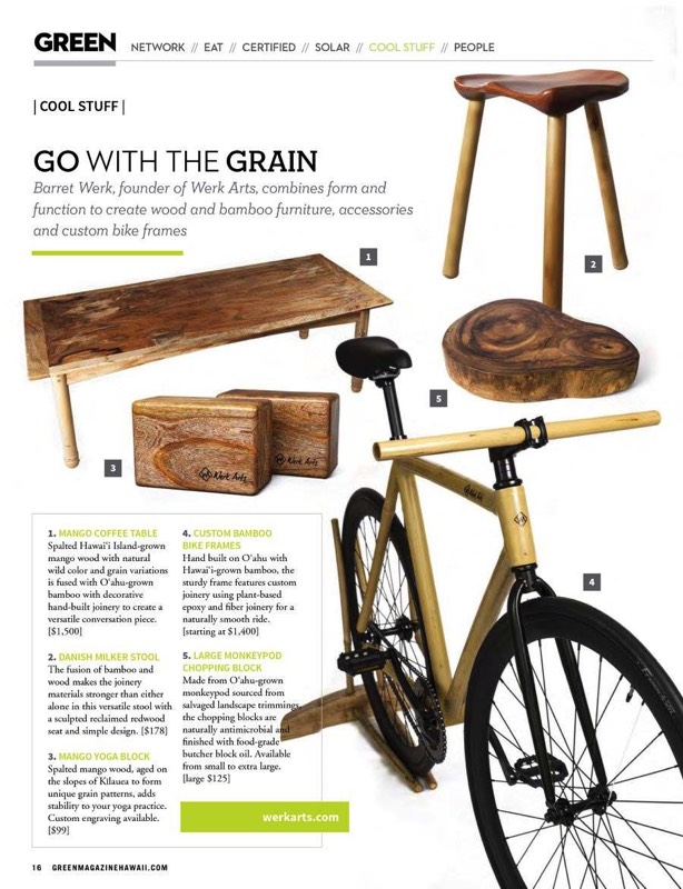werk arts featured products made of sustainable materials including, signature stool, bamboo bike, mango yoga blocks and coffee table, monkeypod chopping blocks