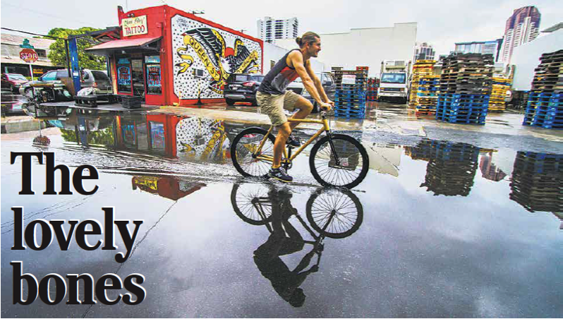 Barret Werk of werk arts rides a bamboo bike he made in Honolulu, Featured in the Honolulu Star-Advertiser
